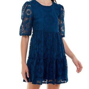 Speechless Small Teal Blue Lace 3/4 Sleeved Casual Mini Dress